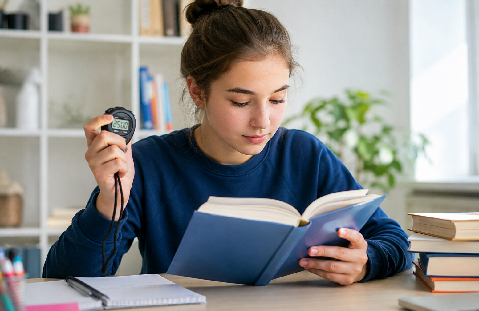 Estudiante practicando lectura cronometrada para medir progreso